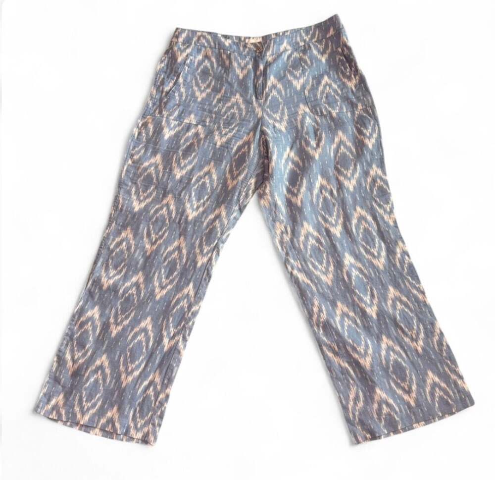 Chico's Blue Ikat Print 100% Linen Wide Leg Pants Size 12/14 Summer Southwestern